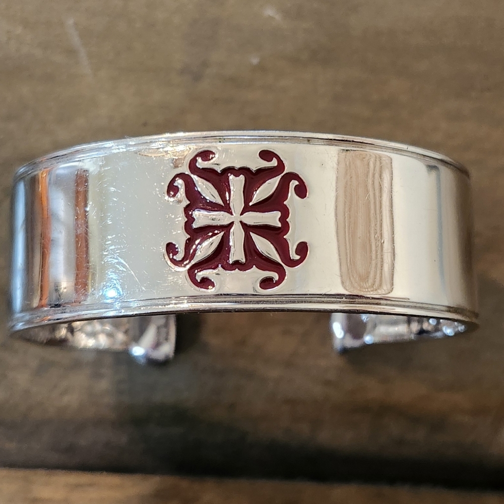 Silver Tone Cuff Bracelet with Burgundy Enamel Floral Motif